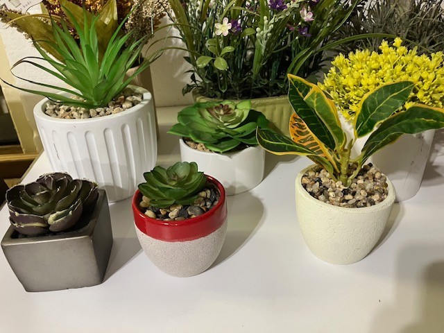 10 Artificial flowers in pots, 1 hanging 2″ to 10″ variety