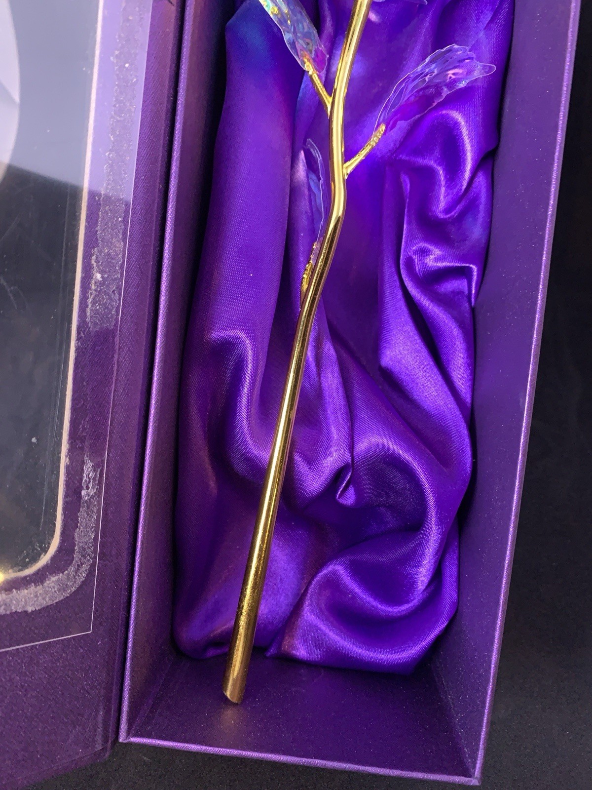 24K Gold Stem Rose Iridescent Petals 9″ Purple Satin Boxed
