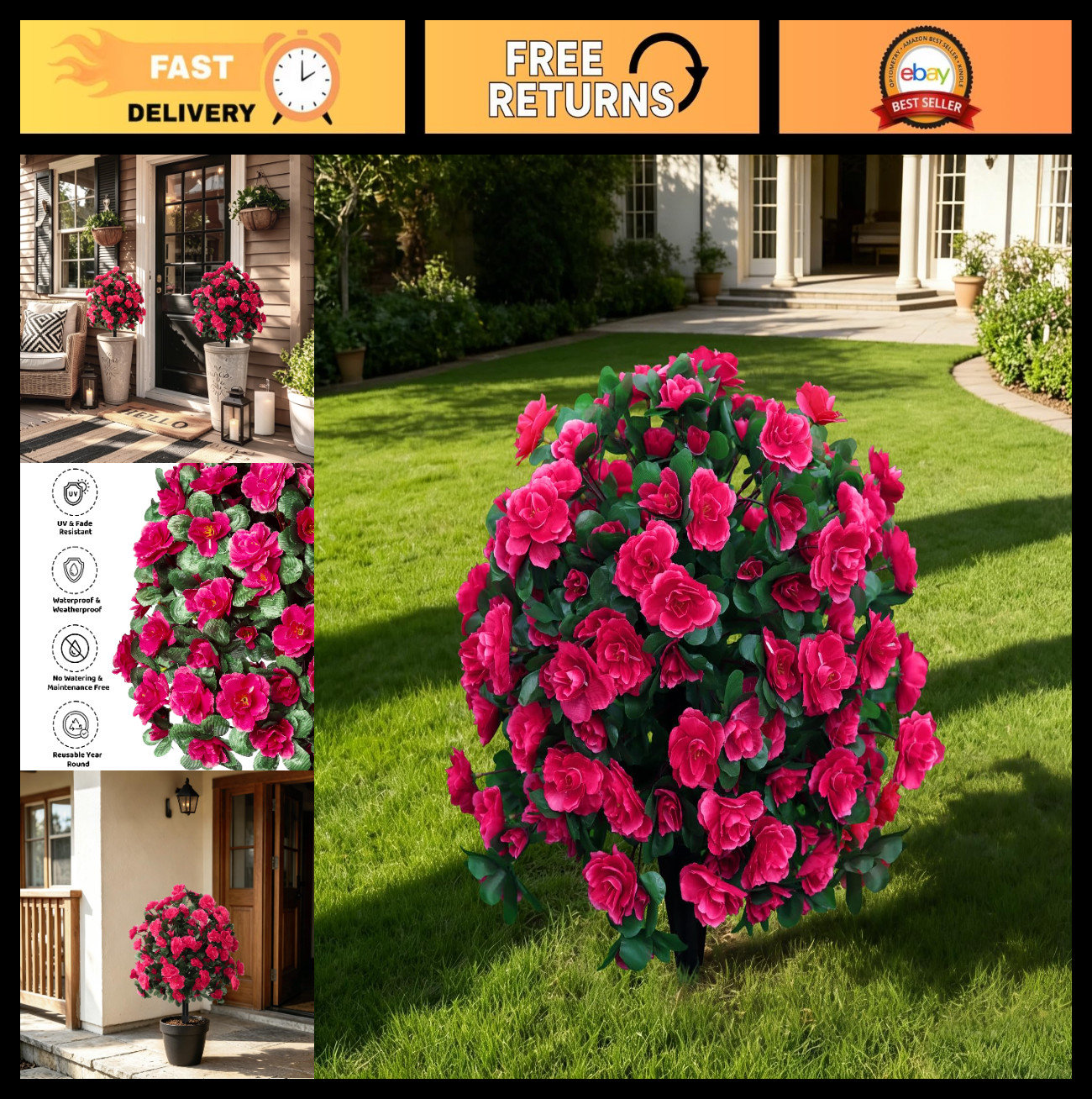 Hot Pink Artificial Silk Azalea Topiary Ball 22″ – UV Resistant Faux Floral Deco