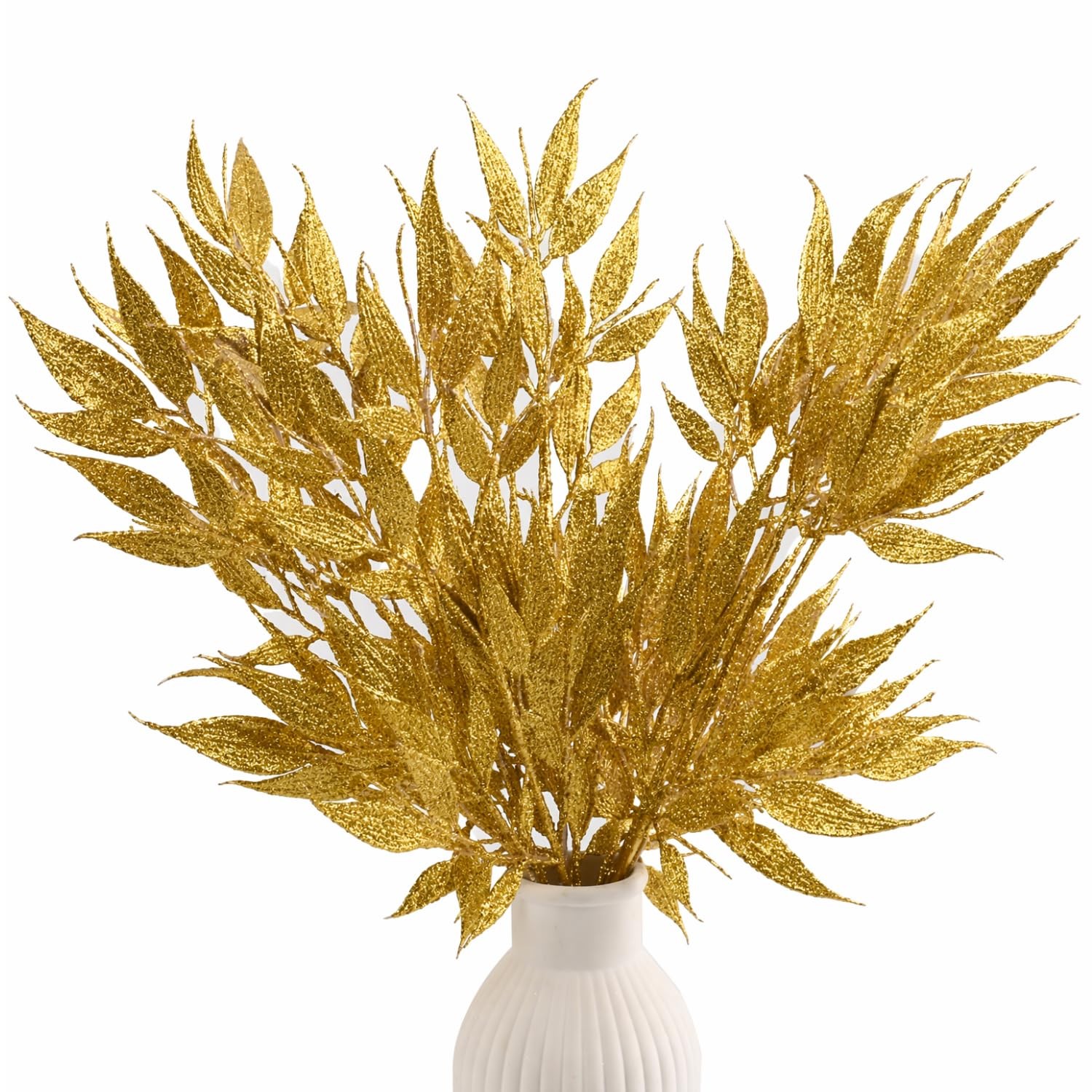 Artificial Gold Glitter Leaf Stems, Simulated Decorative Picks, 13 Inch, 12 Pack