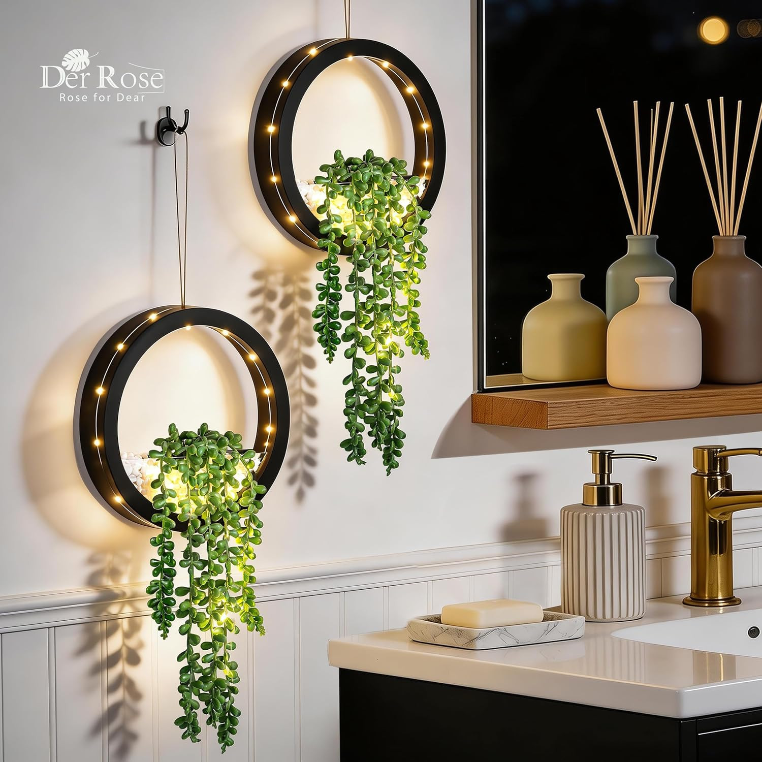 2 Pack Lighted Hanging Plants, Artificial String of Pearls Succulents with Warm