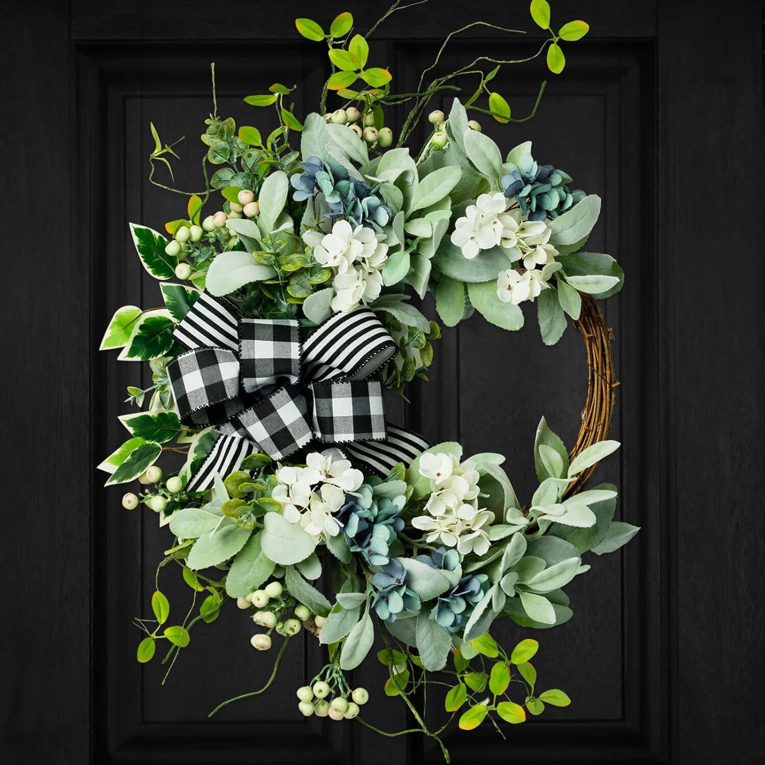 For a year-round wreath on your front door, 20-inch green lamb’s ear wreath