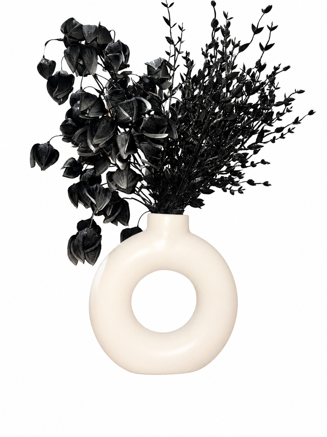 Modern White Donut Vase w/ Black Faux Floral Arrangement Minimalist Decor