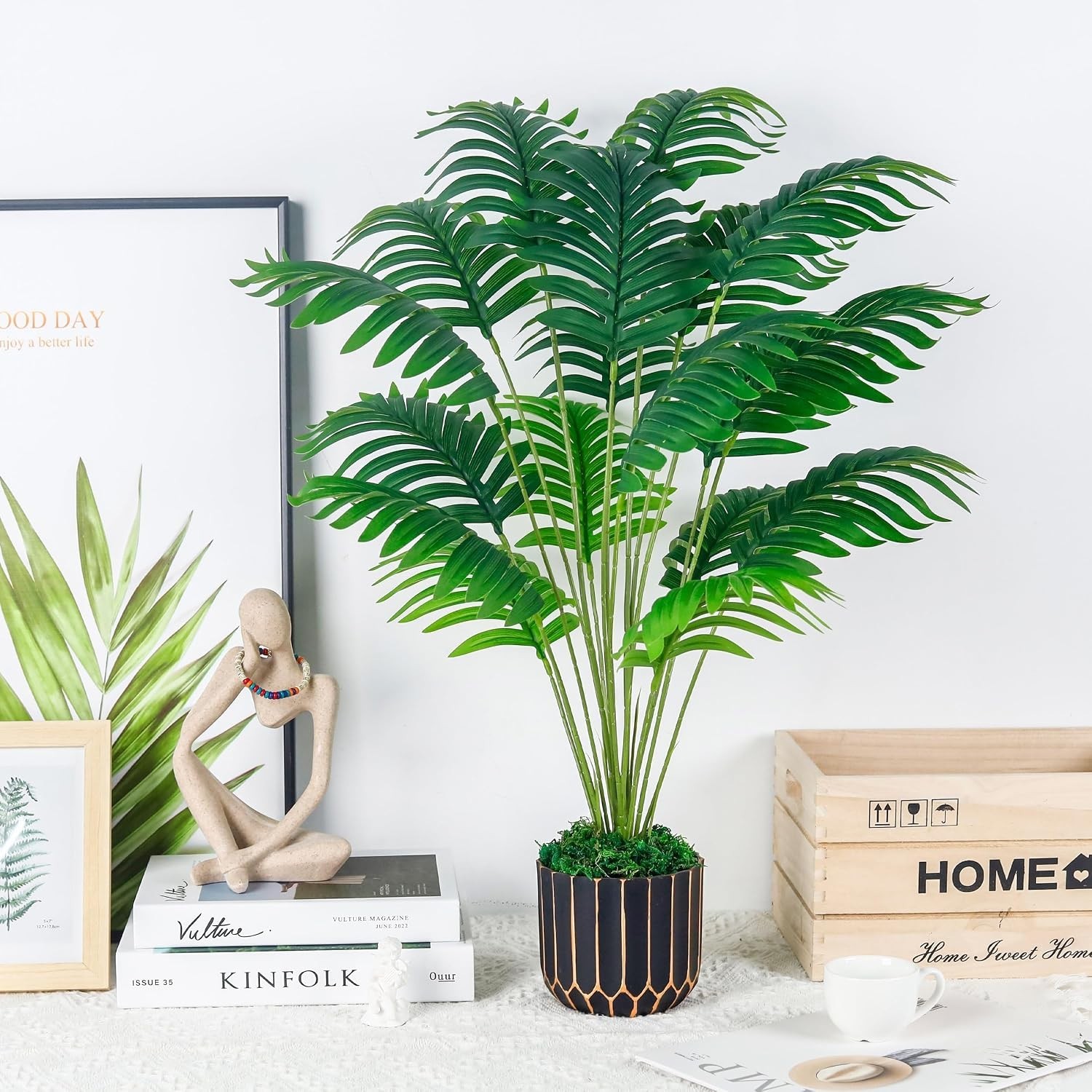 Realistic 28″ Faux Palm Tree – Black Gold Pot for Easy Living Room Elegance