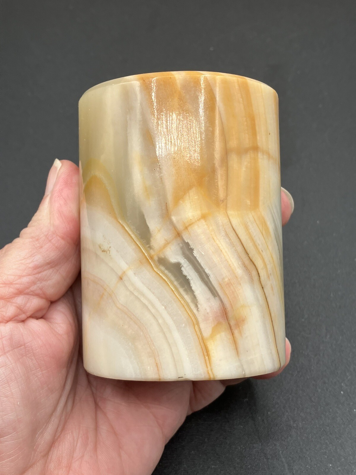 Vintage Variegated Earth Toned Onyx Marble 3.25″, 7 Hole Flower Frog Italy
