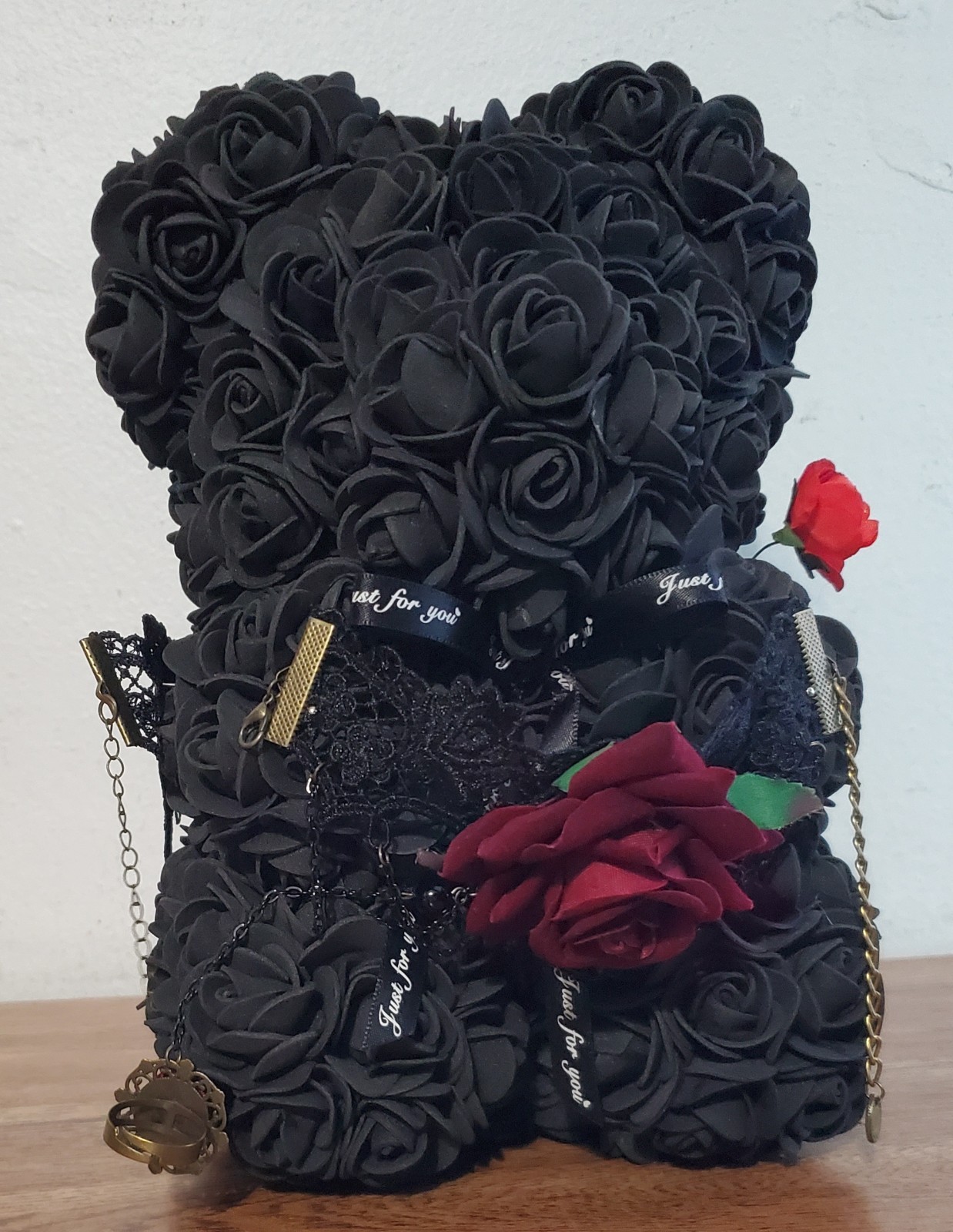Rose Teddy Black Bear Foam Flowers Gift Box with 2 Chockers 1 Ring New