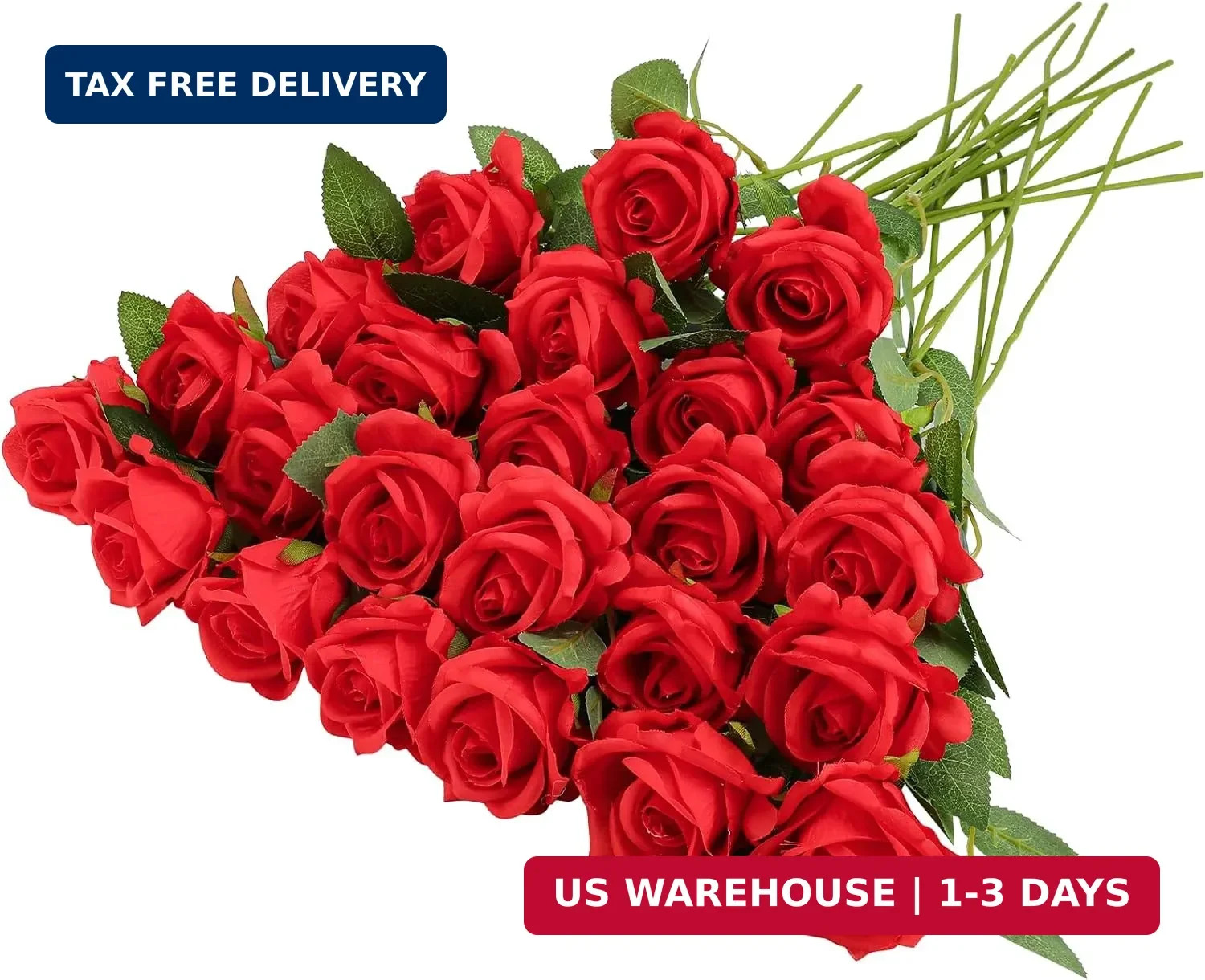 24 Pcs Red Rose Artificial Flowers with Long Stem Real Touch Silk Plastic Bouque
