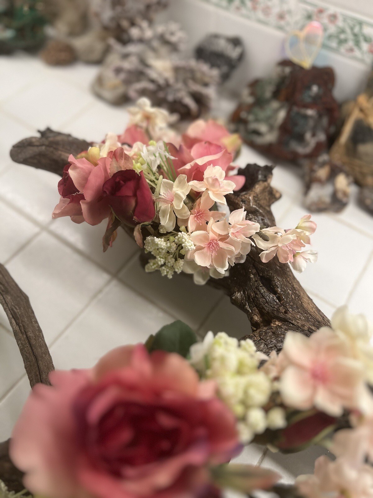 ORIGINAL FLORAL DESIGN WOOD BASE, ROSES, PEACH BLOSSOMS MOSSES BABY BREATH