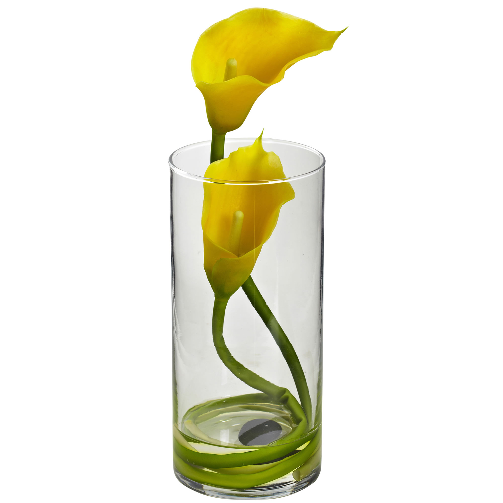 Yellow 2 Pcs Double Calla Lily in Liquid Illusion Cylinder Glass Vase Home Decor