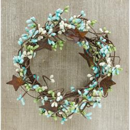 Seabreeze Pip Berry Wreath Candle Ring with Rusty Stars Teal Green Ivory