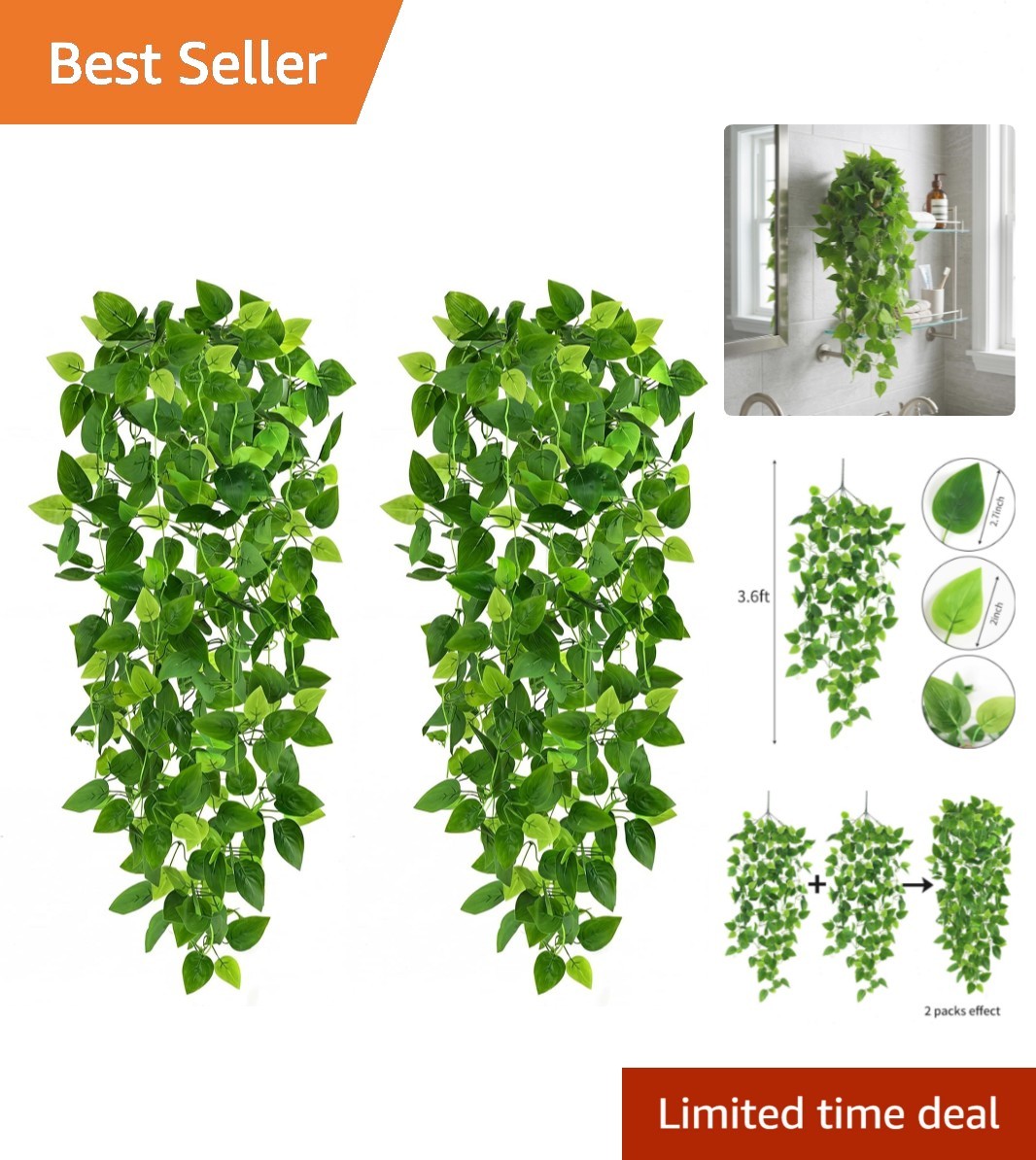 Set of 2 Waterproof 3.6ft Fake Pothos Vines – Perfect for Home or Office Decor