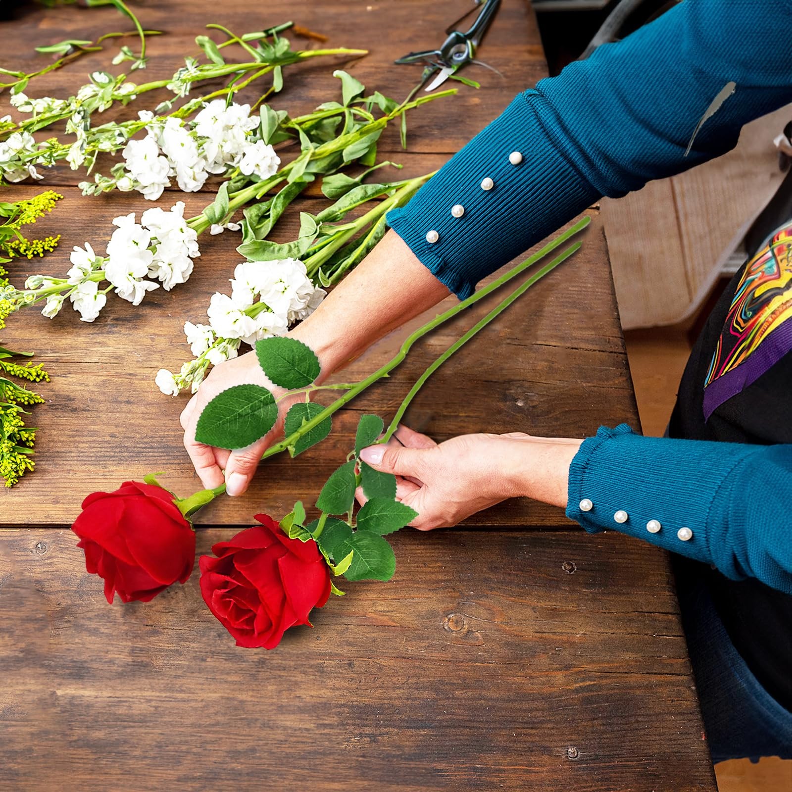 12PCS Red Artificial Roses Realistic Faux Silk Flowers for Home Decor &