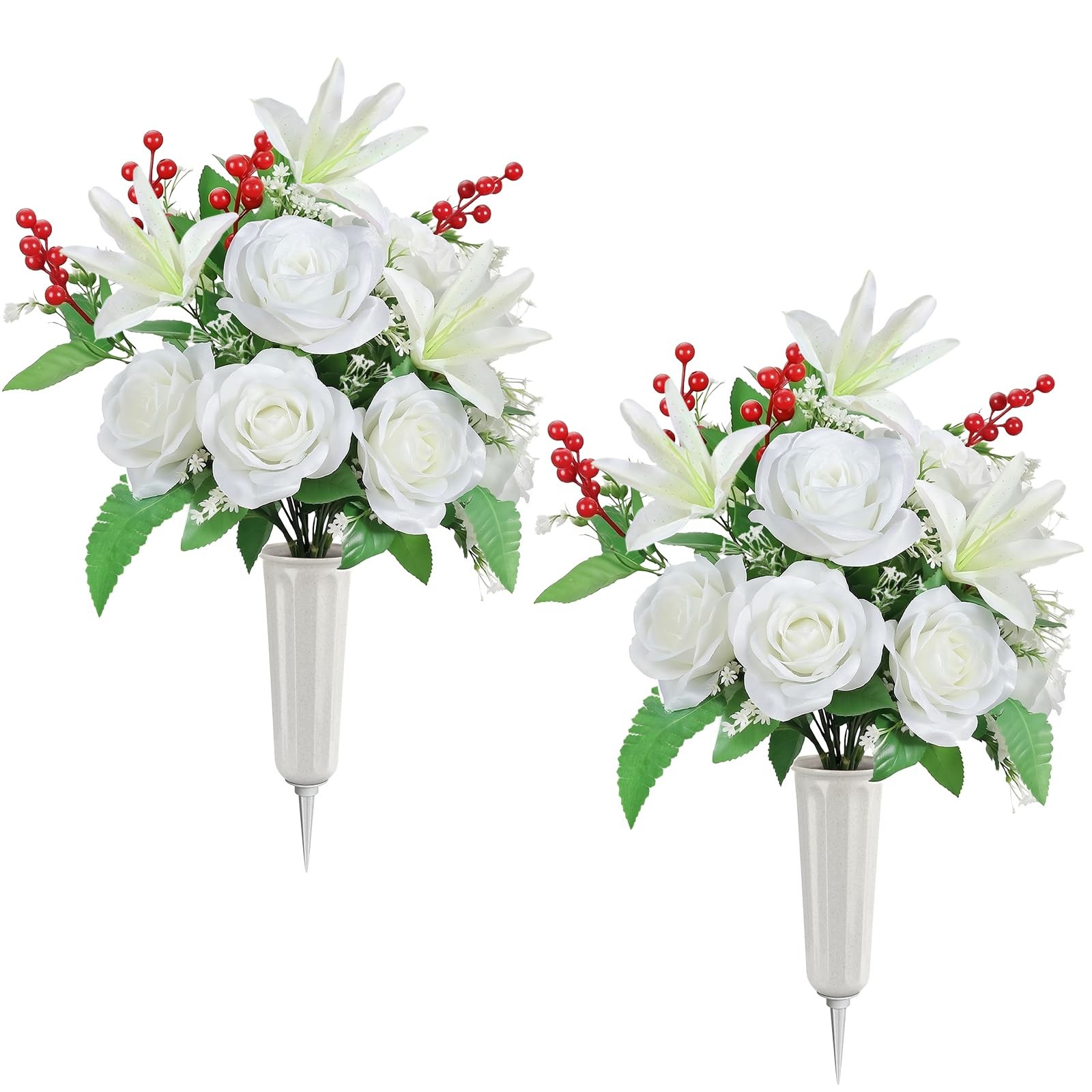 Artificial Cemetery Flowers with Vase, 2 Sets Outdoor Grave Decorations UV Re…