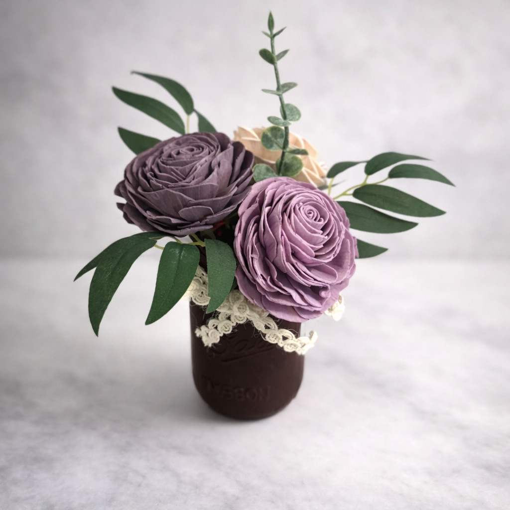 Sola Wood Flower Centrepiece Lavender Rose Burgundy Mason Jar Arrangement