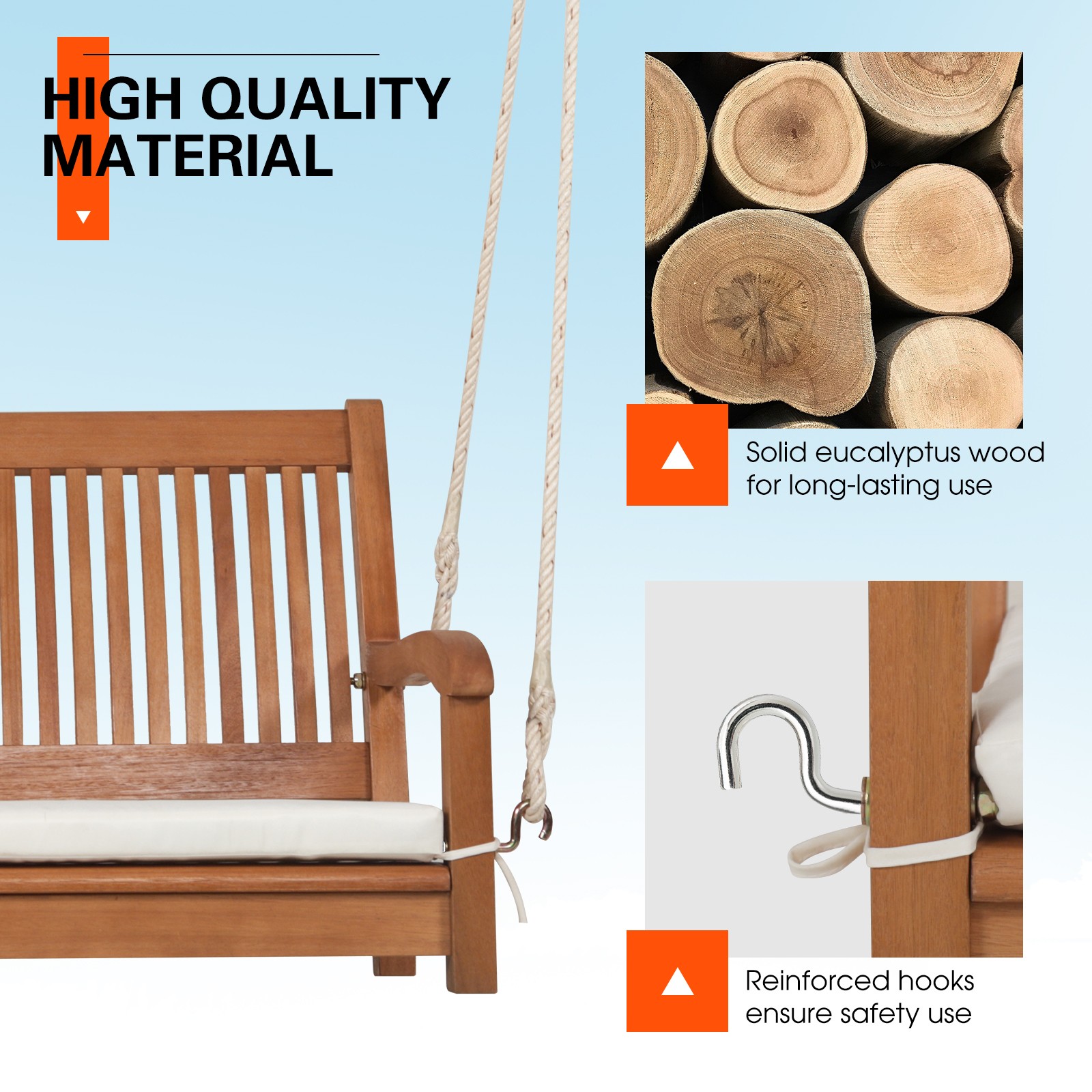 2-Person Porch Swing Bench Wooden Swing w/ Ergonomic Backrest & Seat Natural
