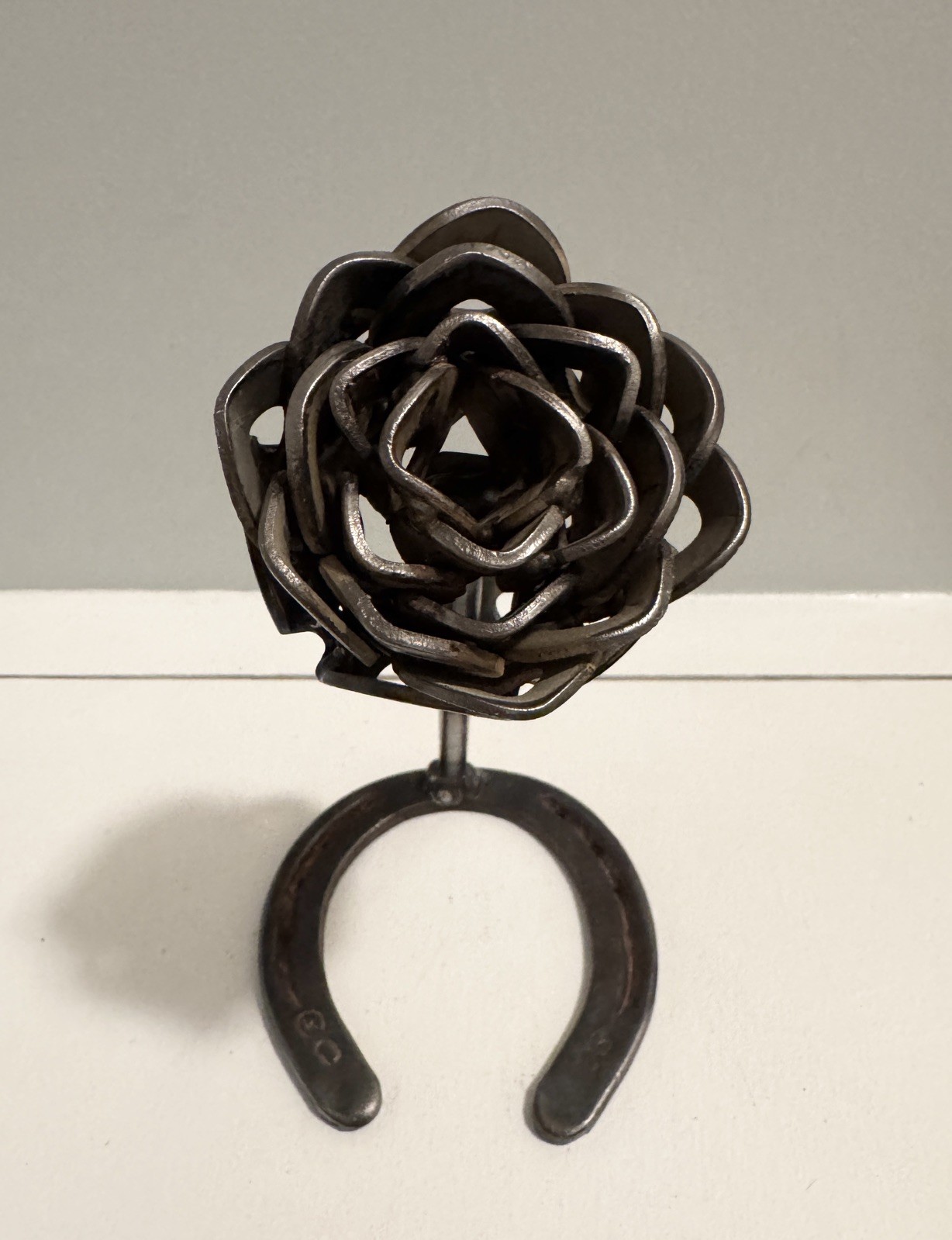 Handcrafted Custom Welded Metal Single Rose on Horseshoe