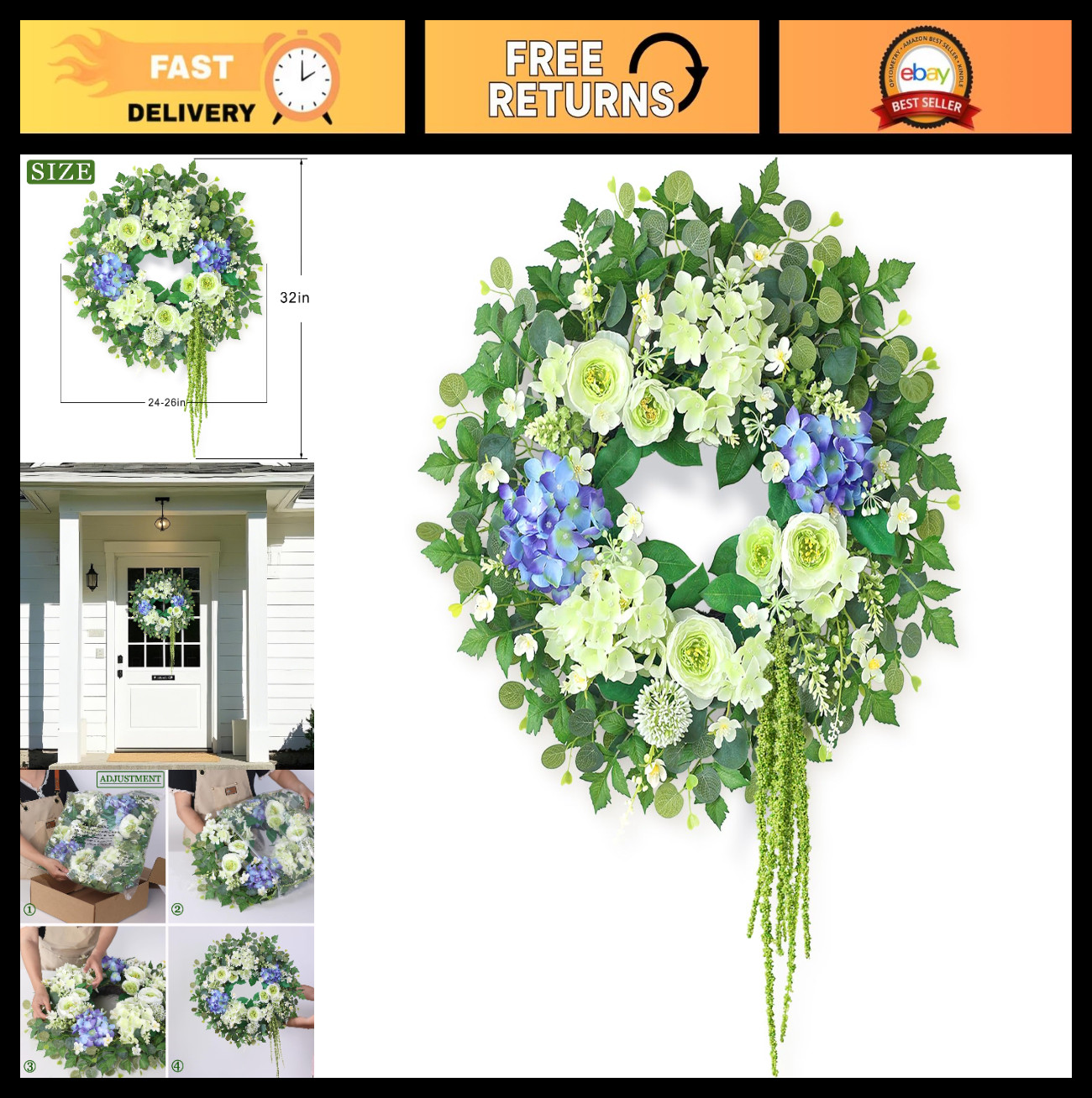 Large 26″ Hydrangea & Eucalyptus Wreath – Artificial Silk Flowers for Door, Porc