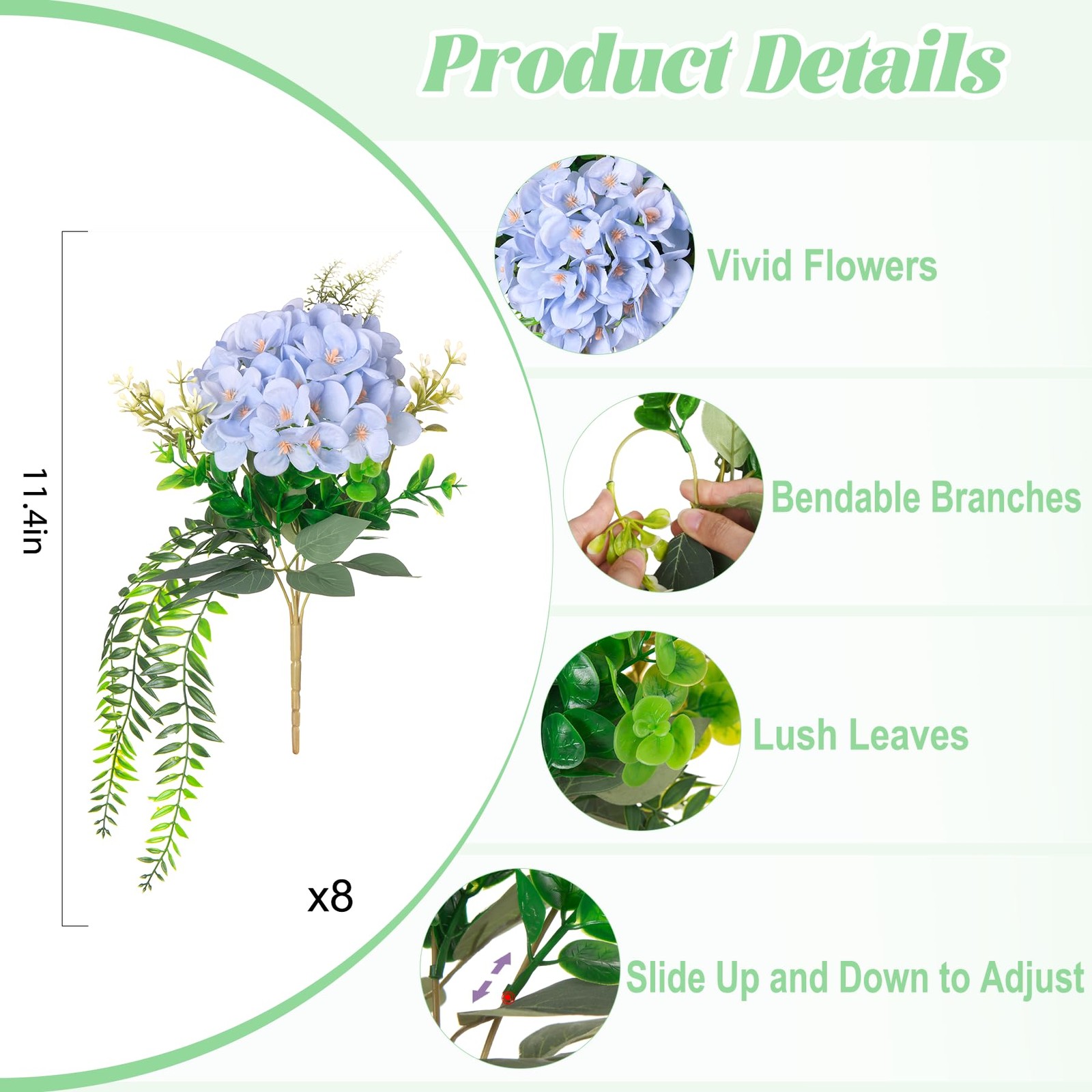 8 Pcs Artificial Hydrangea Flowers Silk Blue Fake Flower with Eucalyptus for …