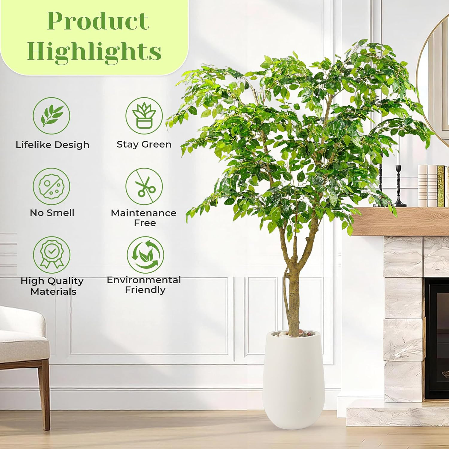 6.5FT Faux Ficus Tree in White Planter – Lifelike Indoor/Outdoor Décor