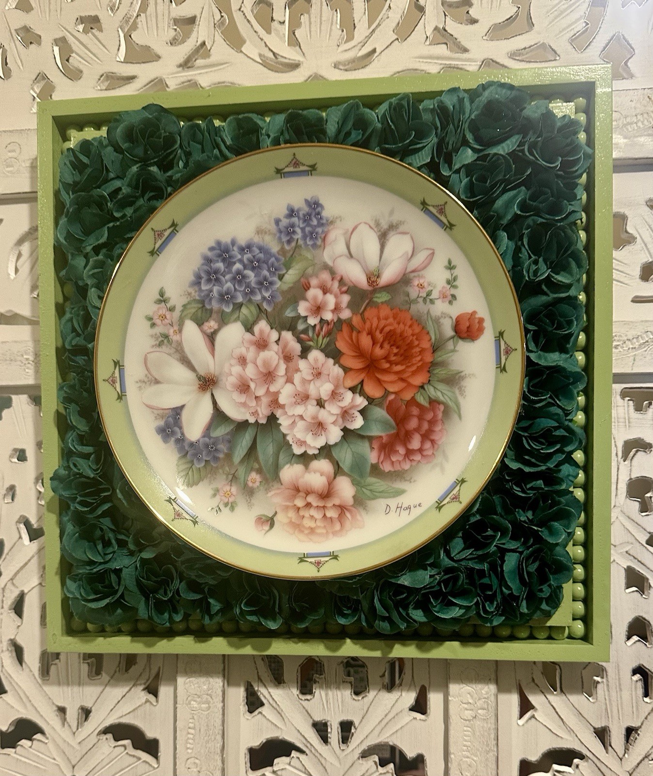 Upcycled Danbury Mint Plate 3D Wall Decor – Floral Roses Beaded Frame (12″)