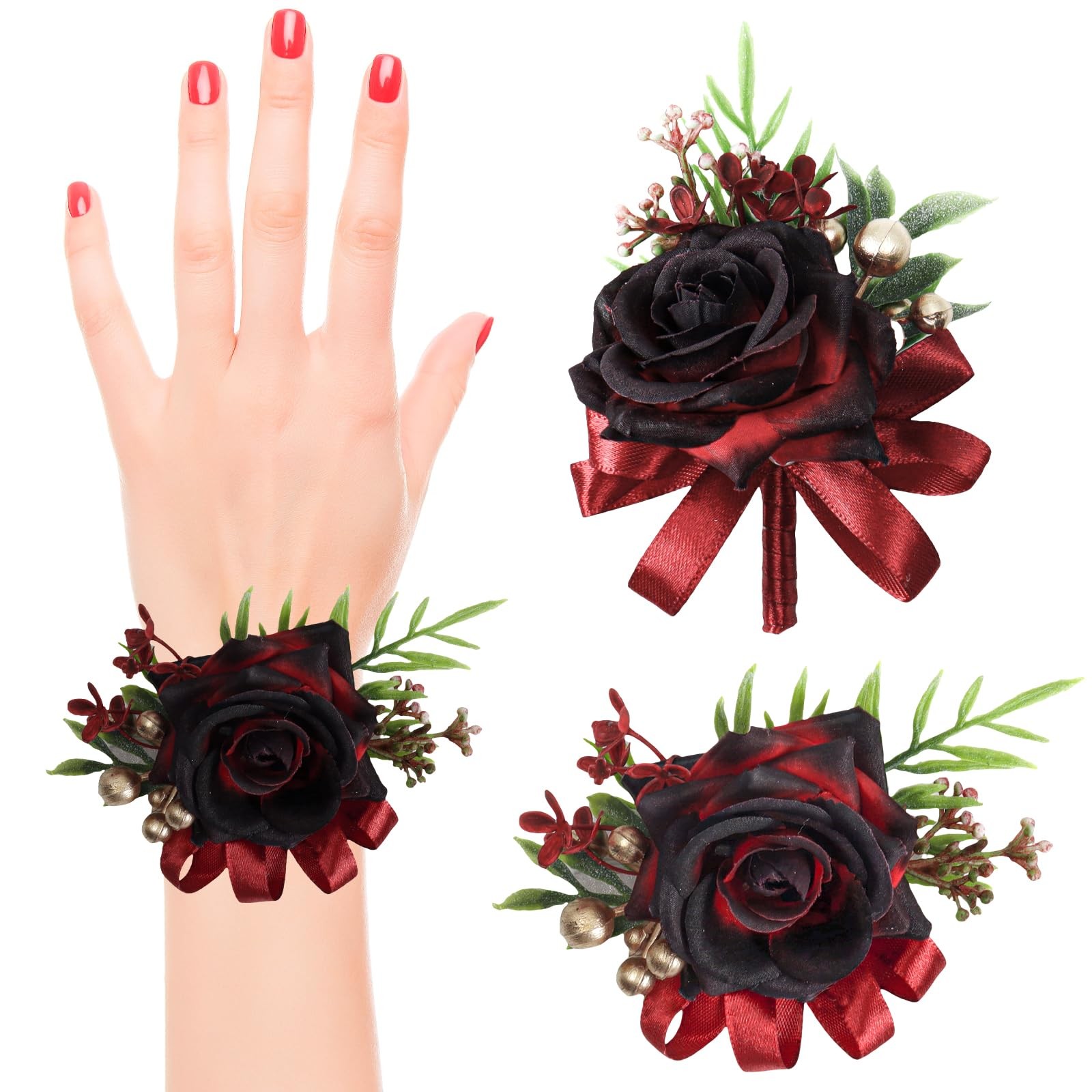 2 Pcs Wine Red Rose Wrist Corsage and Boutonniere Set, Rose Corsage Hand for …