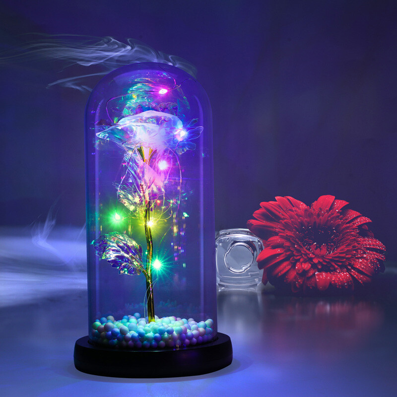 Rosa de galaxia con luz LED de cristal en cúpula, flor eterna de aluminio regalo