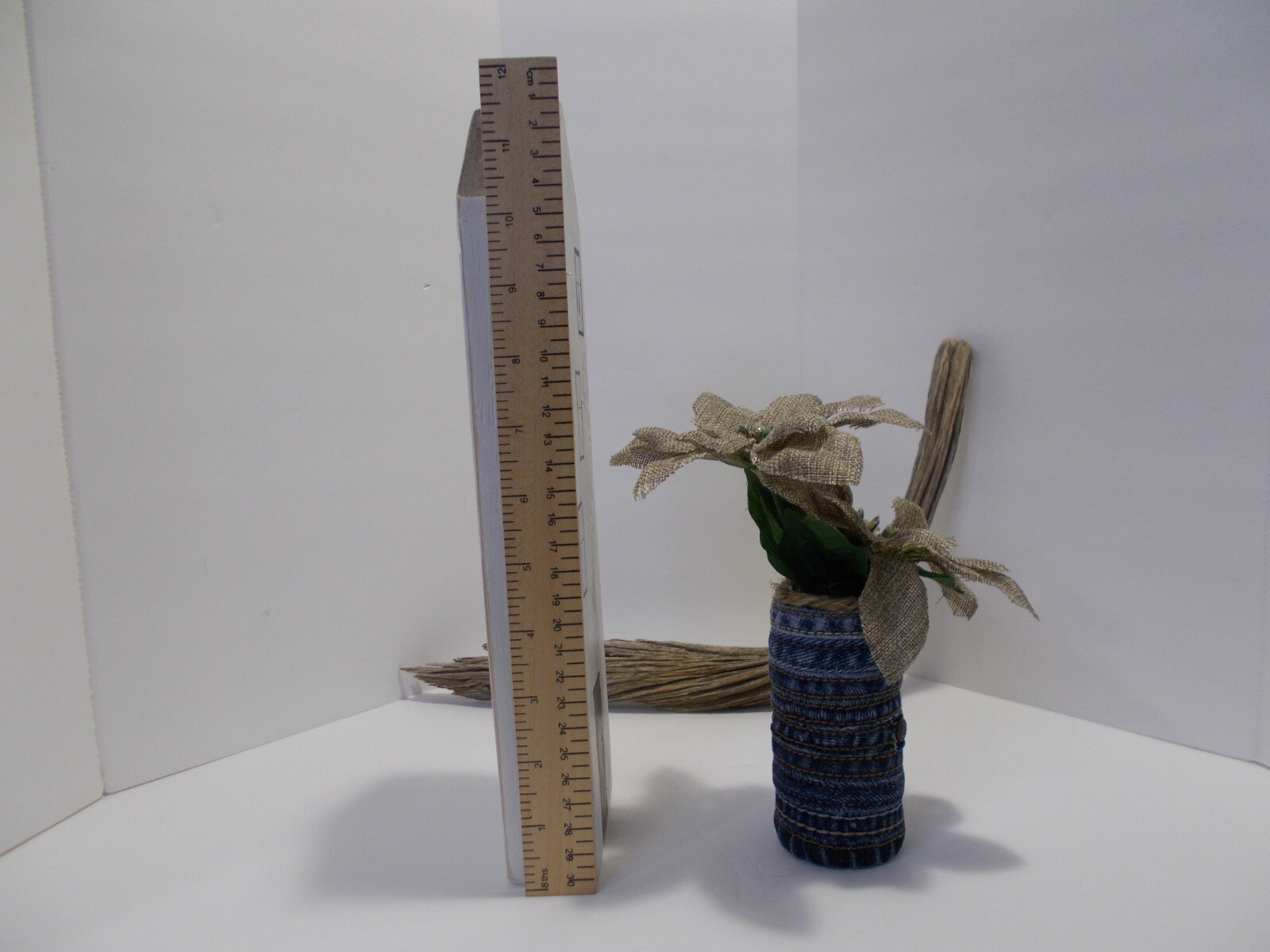 Small Denim Vase from Denim Side Seams w Burlap Flowers & Painted Wooden House