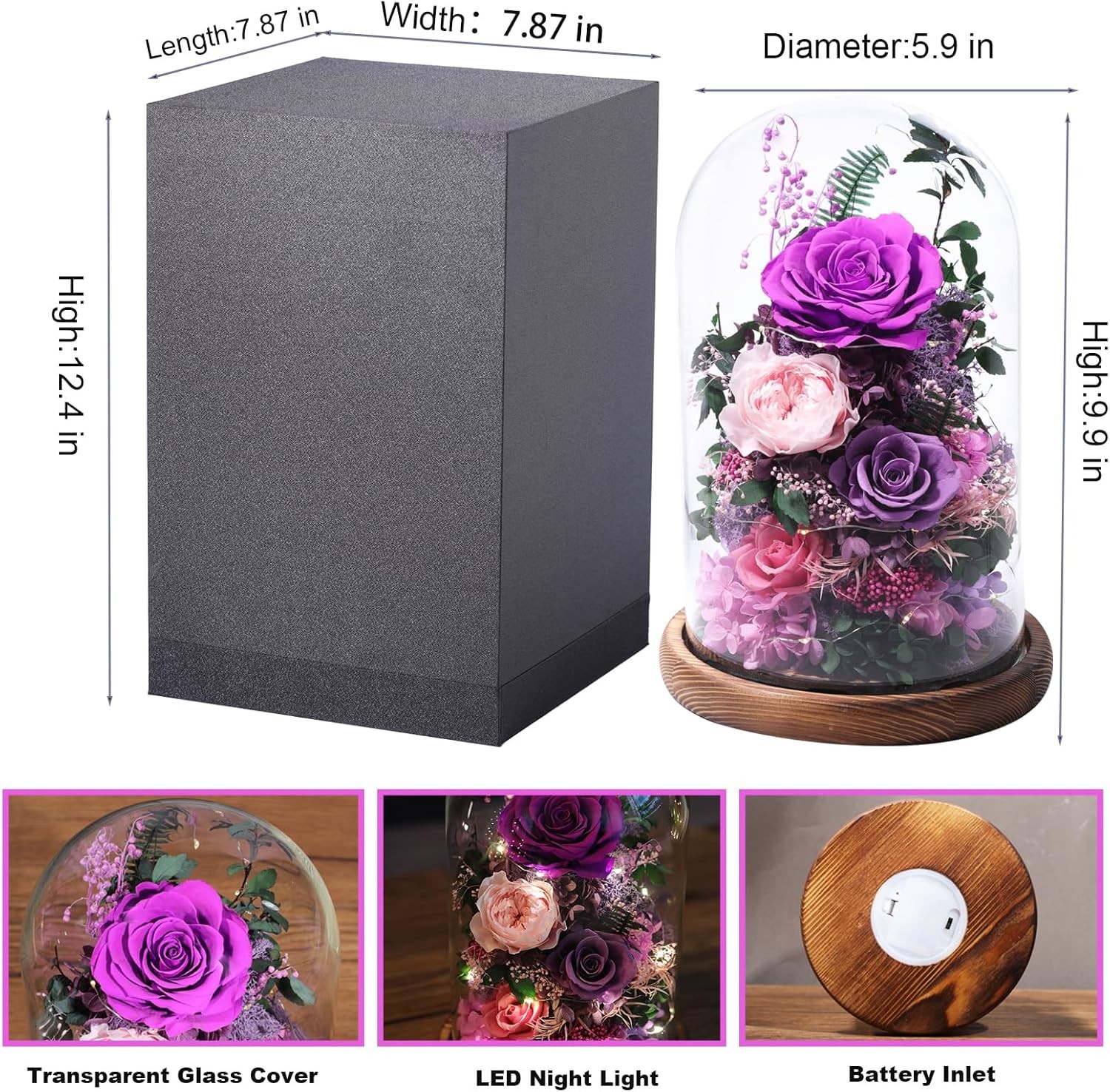 Flower Delivery: Fresh roses in a glass dome, purple roses (preserved flowers)