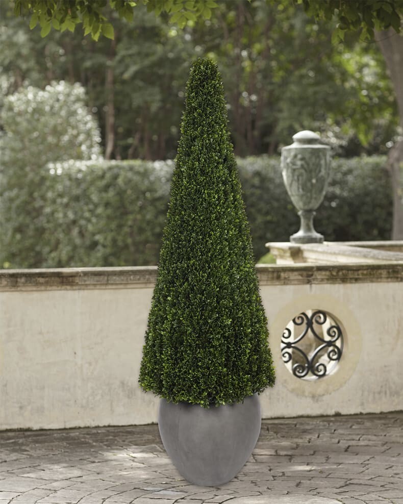 Faux Boxwood Cone Plant in Concrete Pot, 67″T
