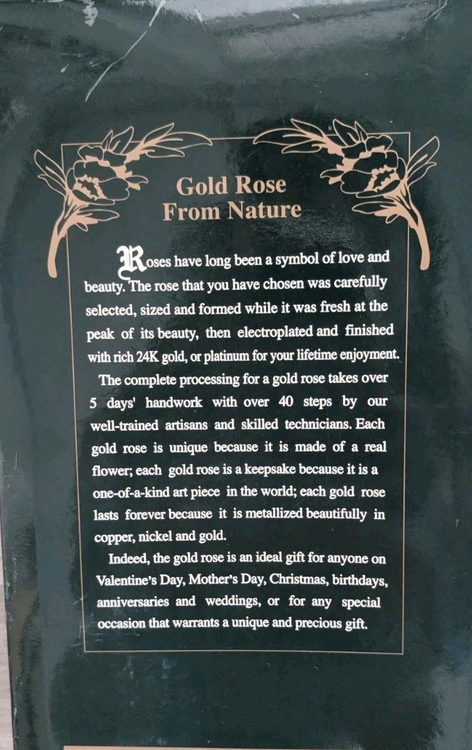 24K Gold Dipped Real Rose Emerald May Birthstone Living Gold in Box W/Vase 11″