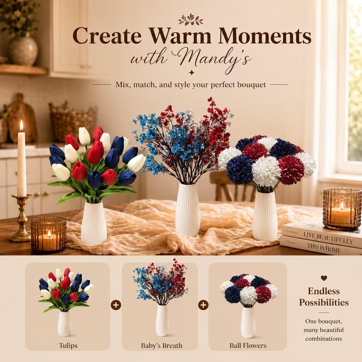 6 Bundles Patriotic Red White Blue Silk Baby’s Breath, 18.5″ Artificial Flowe…
