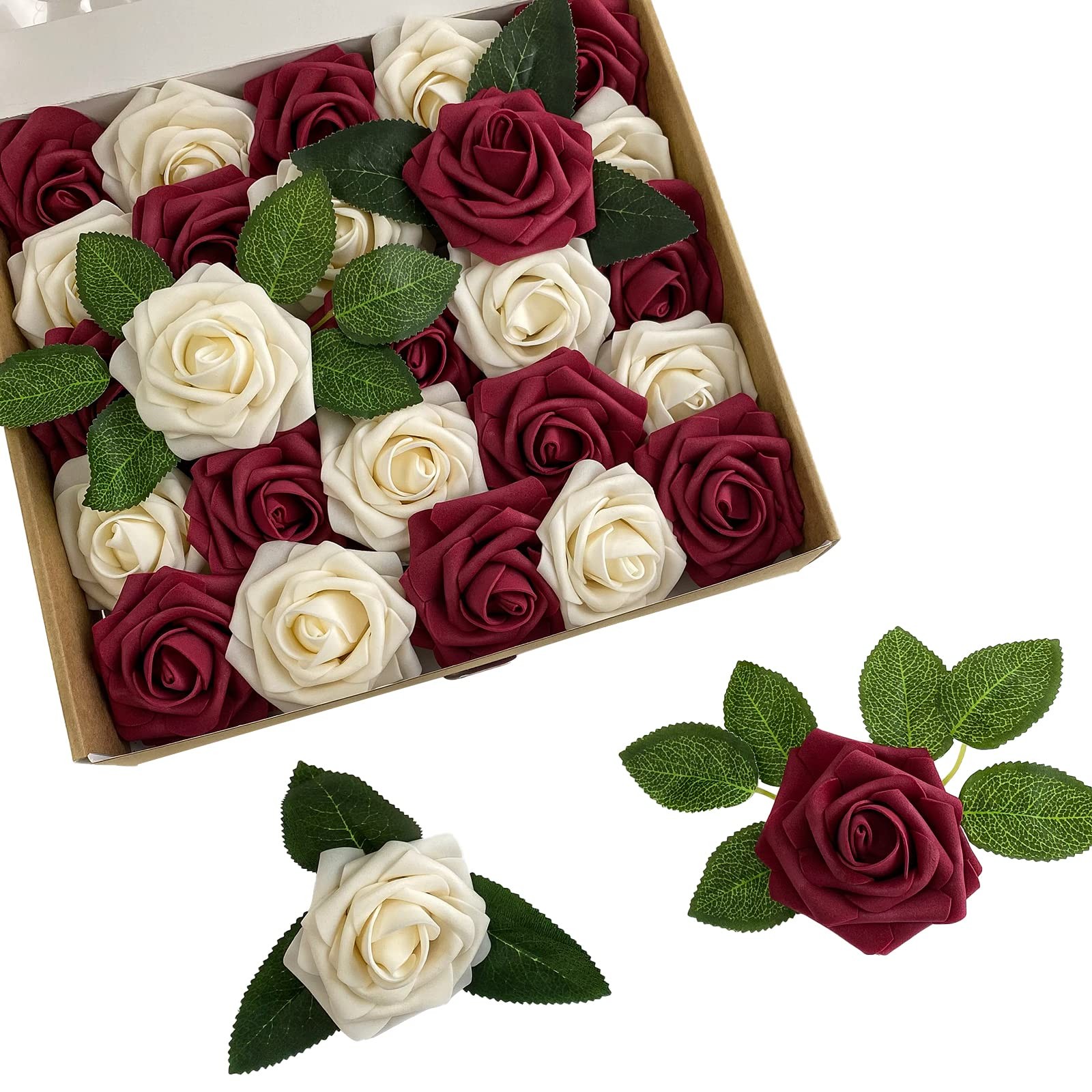 Artificial Flowers 25 pcs Fake Burgundy Champagne Roses for DIY Wedding Bouqu…