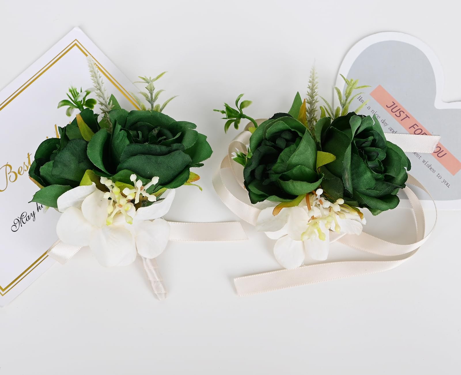 2 PCS Dark Green Wrist Corsage Boutonniere Set Artificial Flowers Prom Suit
