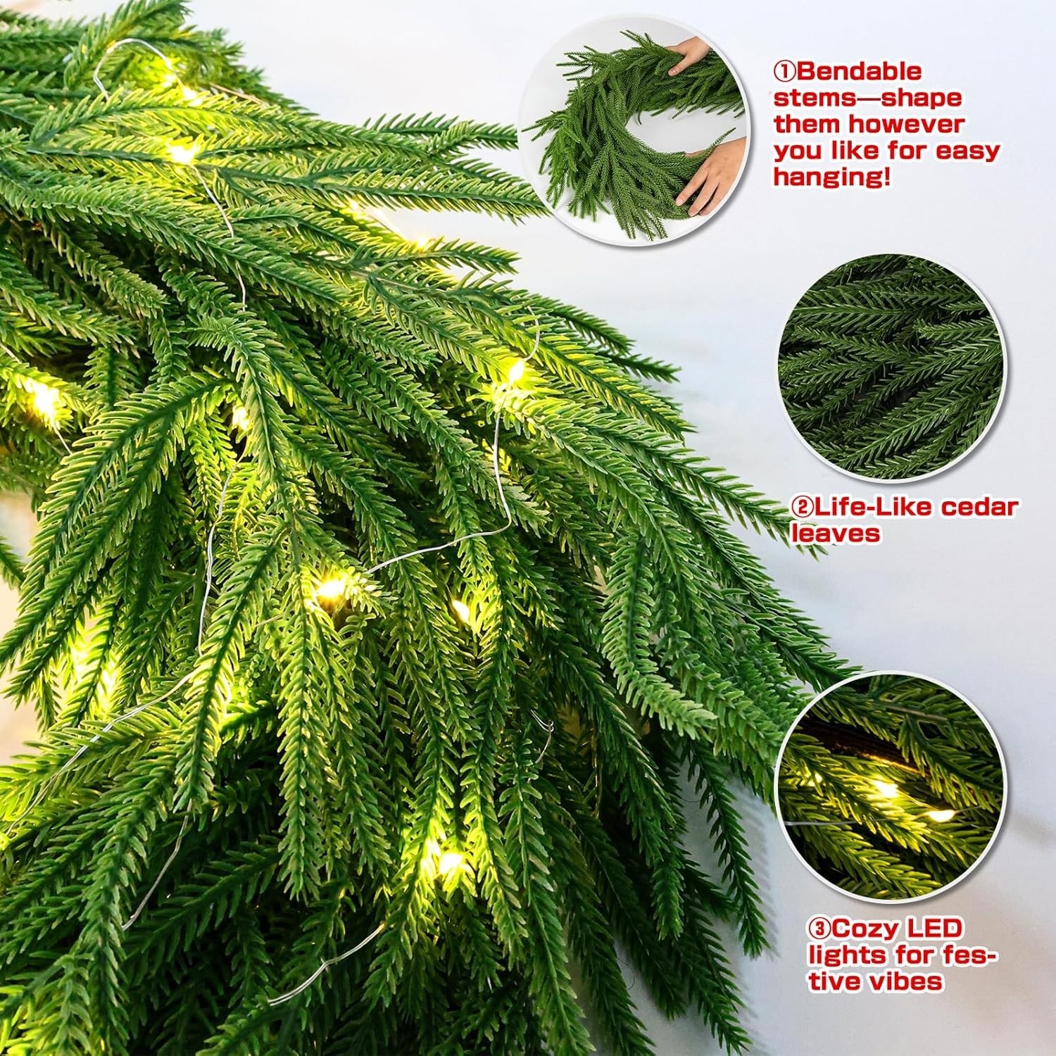 1 Pc 9 Ft Artificial Norfolk Pine Garland w 16.4ft LED String Lights NEW