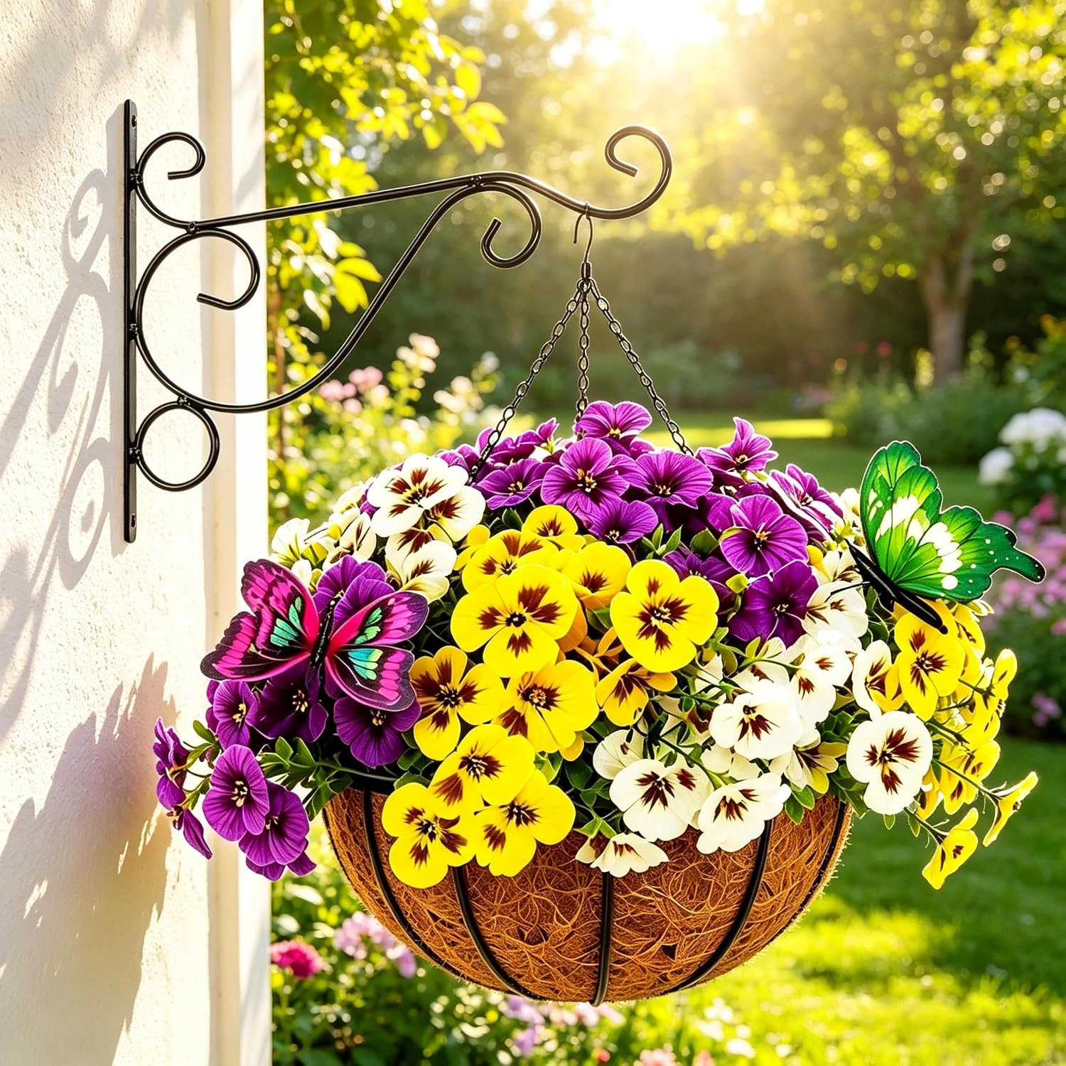 2 Sets Faux Pansy Hanging Baskets for Home & Garden – Yellow, Cream, Lavender