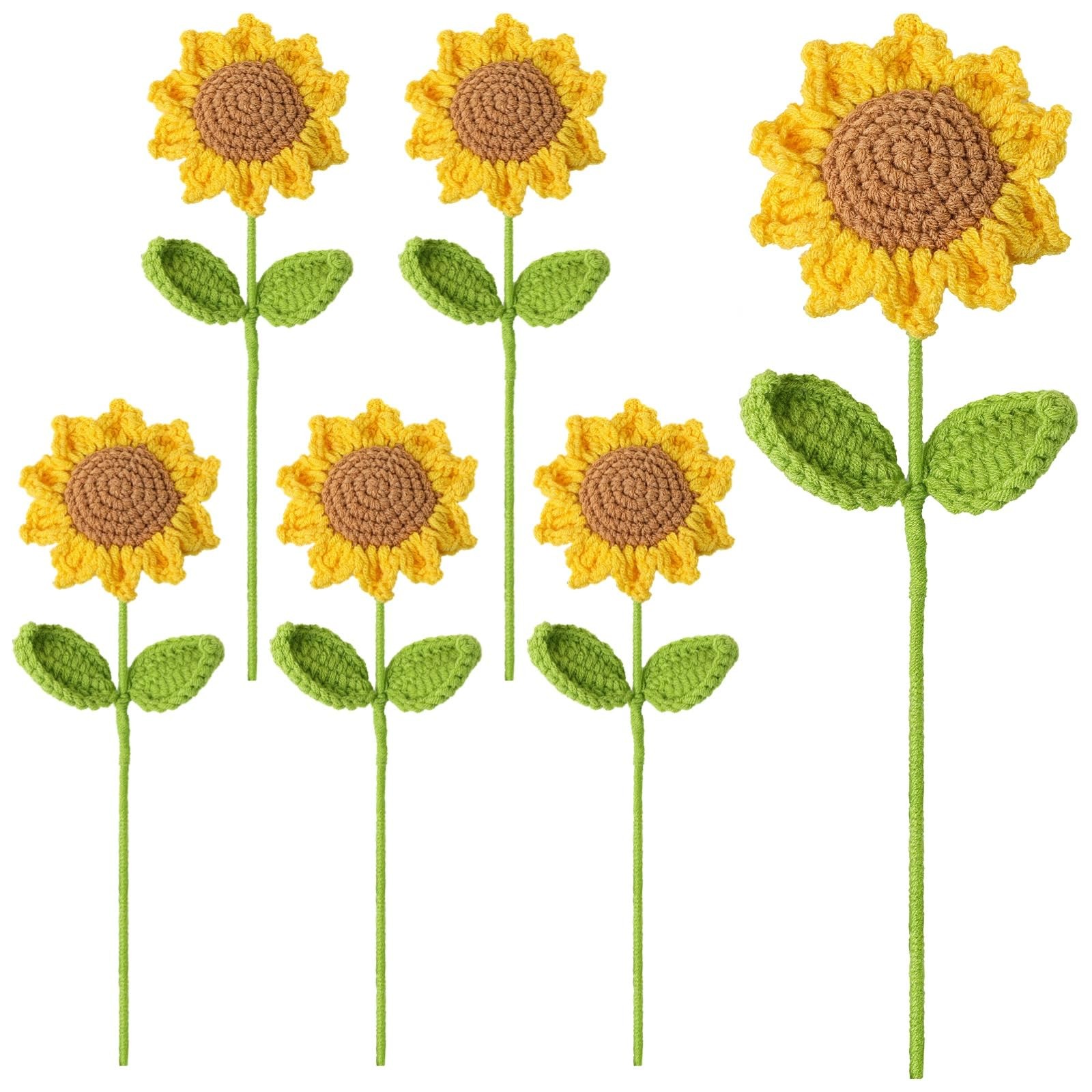 6 Pcs Crochet Sunflower Bouquet, Handmade Yellow Sunflowers with Green Leaves…