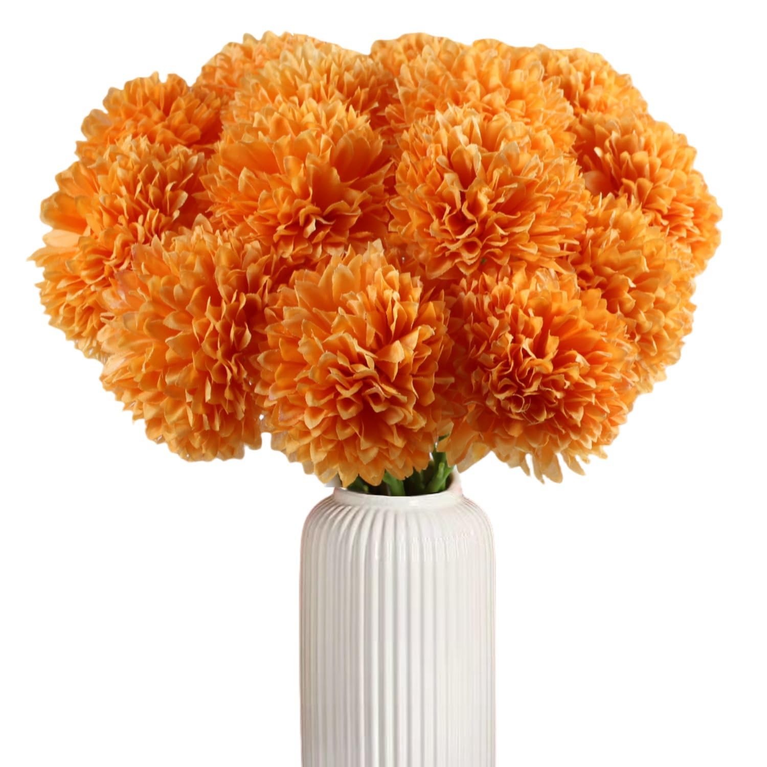 12 PCS Orange Artificial Silk Chrysanthemum Mums Fake Ball Flowers Decor