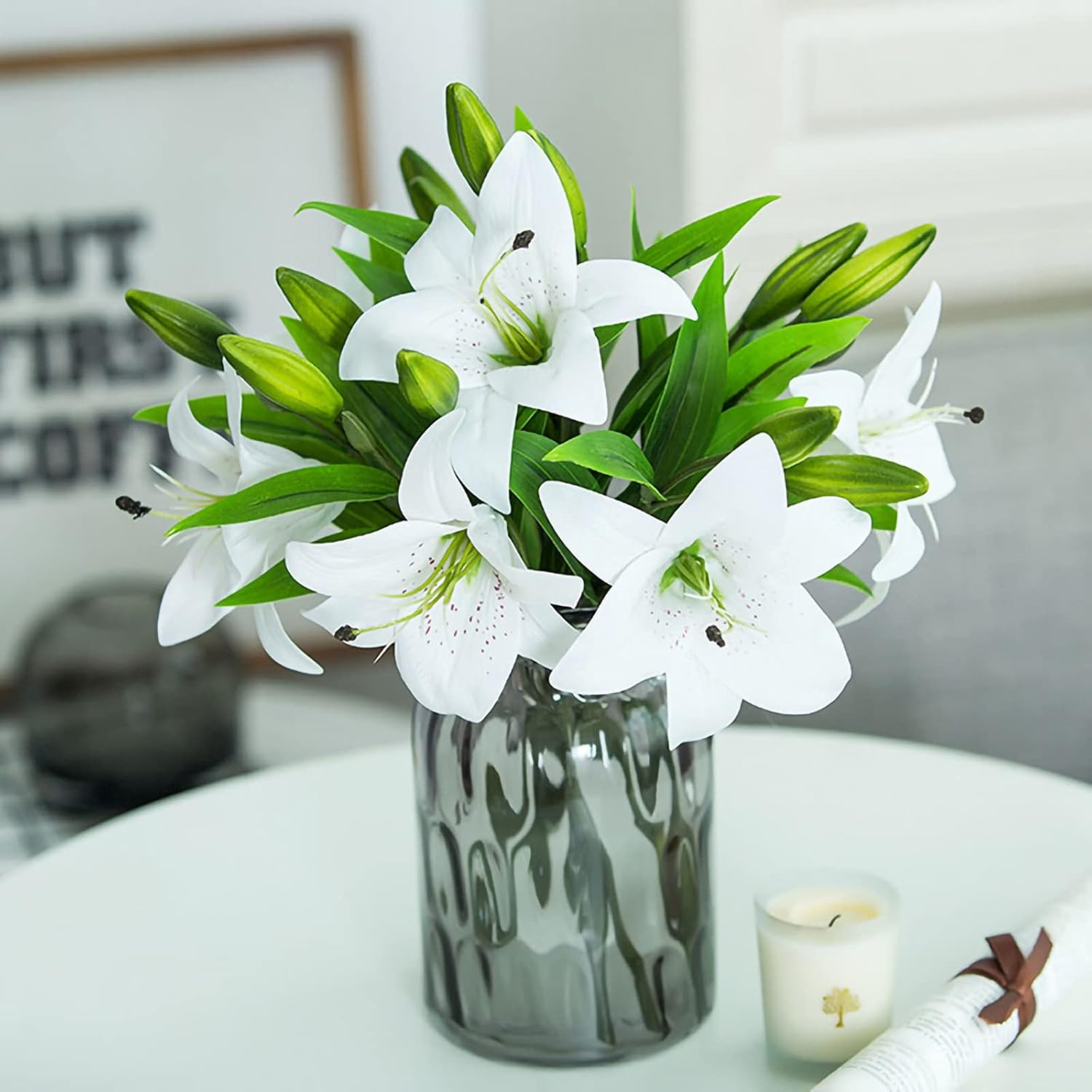 Artificial Tiger Lily Faux Flowers 8 Pcs White Real Touch Easter Decor