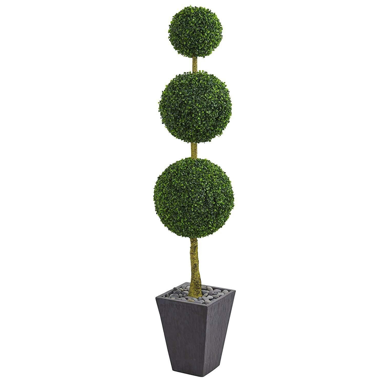 6″ Boxwood Triple Ball Topiary Artificial Tree With Slate Planter UV Resistant
