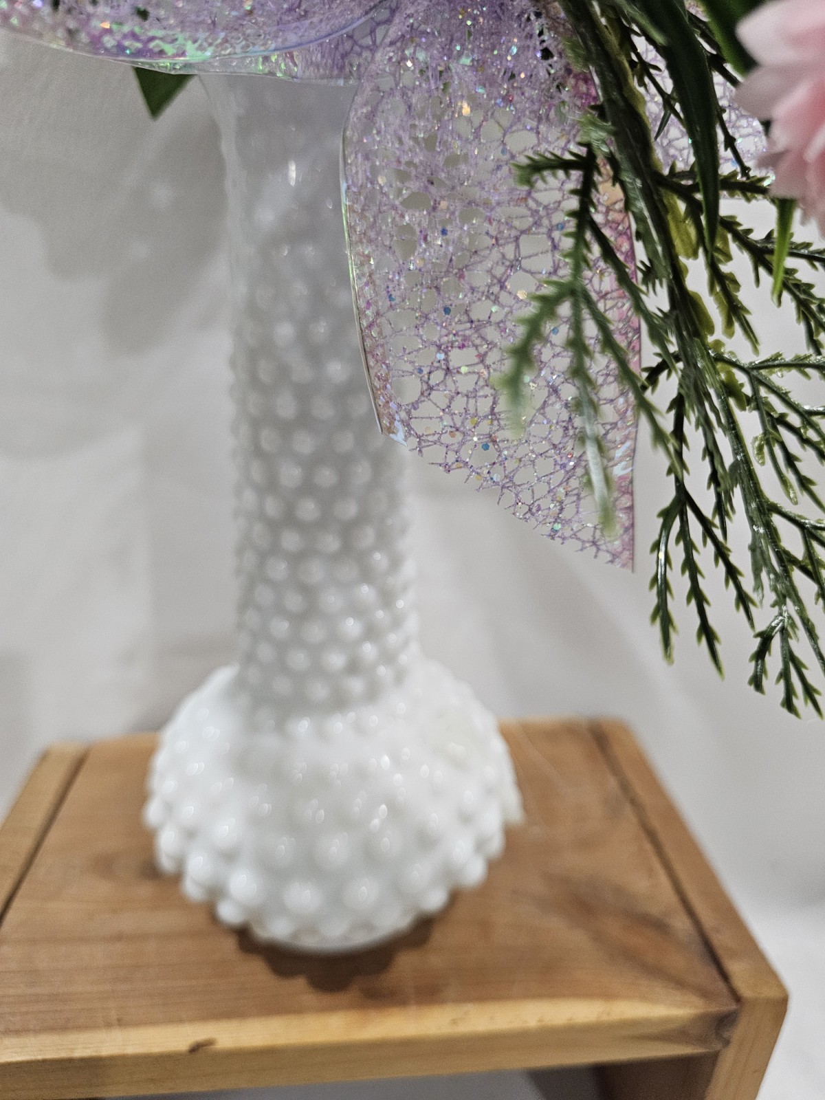 Artificial Pink Rose Flowers in beautiful Milkglass Hobnail Vase w/airy greenery