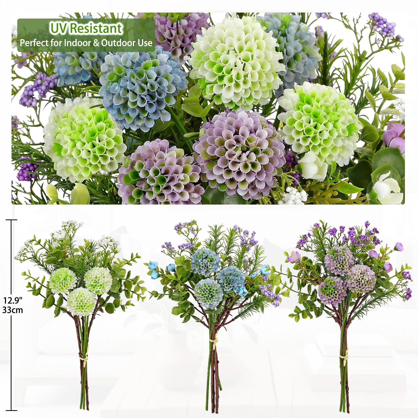 UV Resistant Artificial Flowers for Outdoors & Indoors 3 Bouquets, 12.9″ UV F…