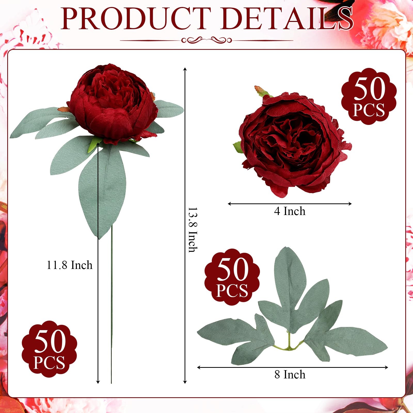 50 PCS Burgundy Artificial Peonies Fake Flowers Faux Silk Arrangements