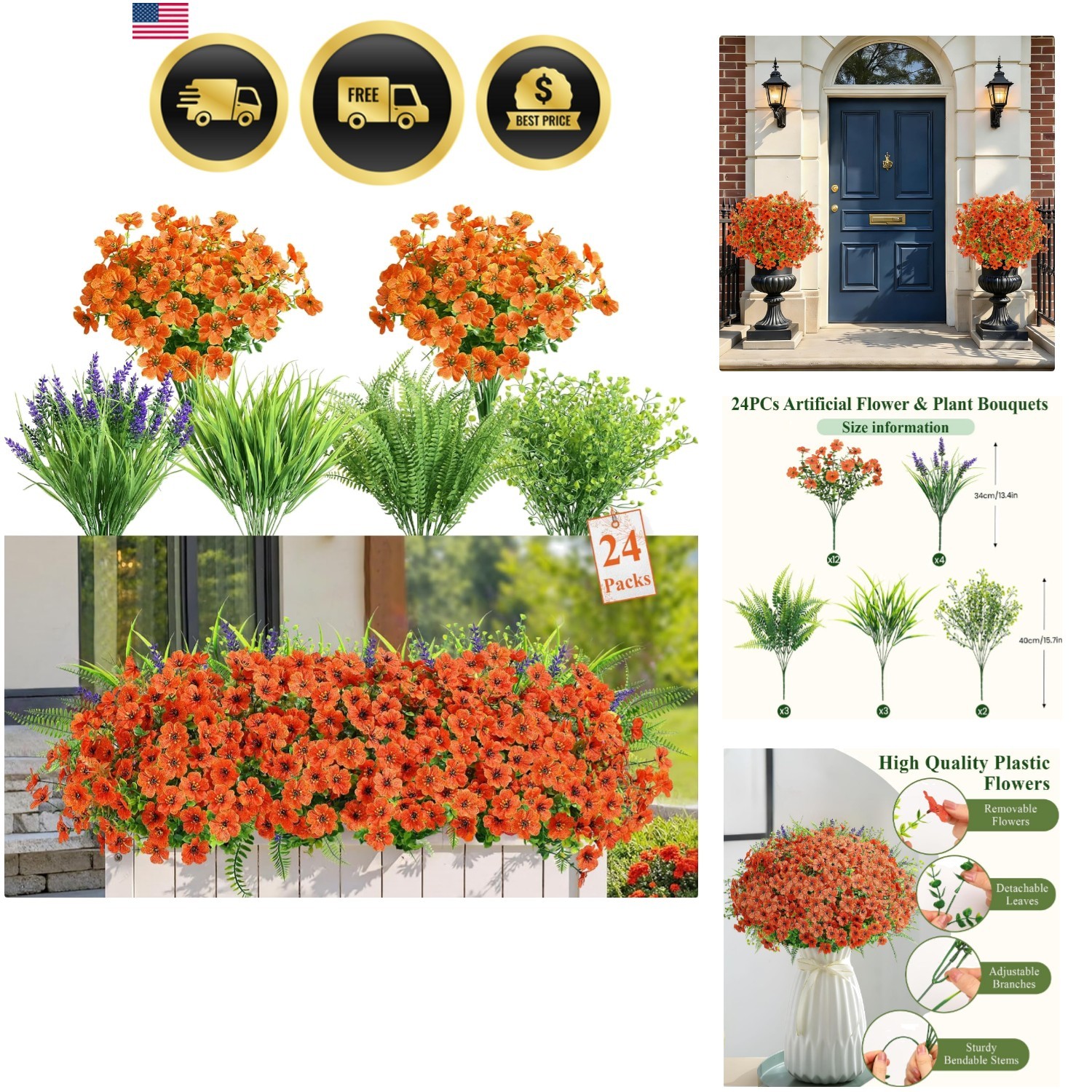 24 Bundles Artificial Flowers for Outdoors Spring Decoration, UV Resistant Eu…
