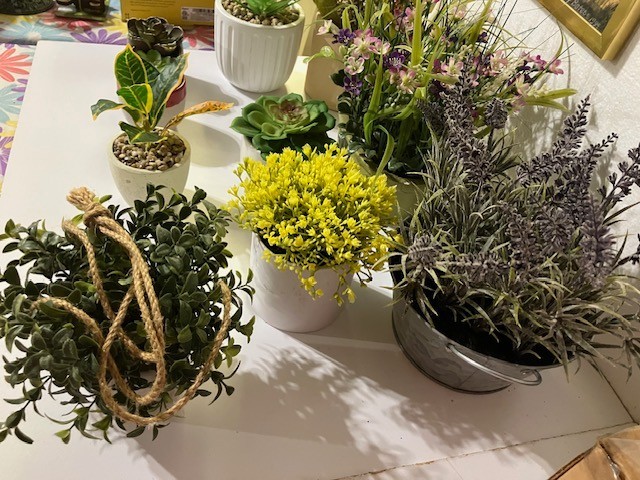 10 Artificial flowers in pots, 1 hanging 2″ to 10″ variety
