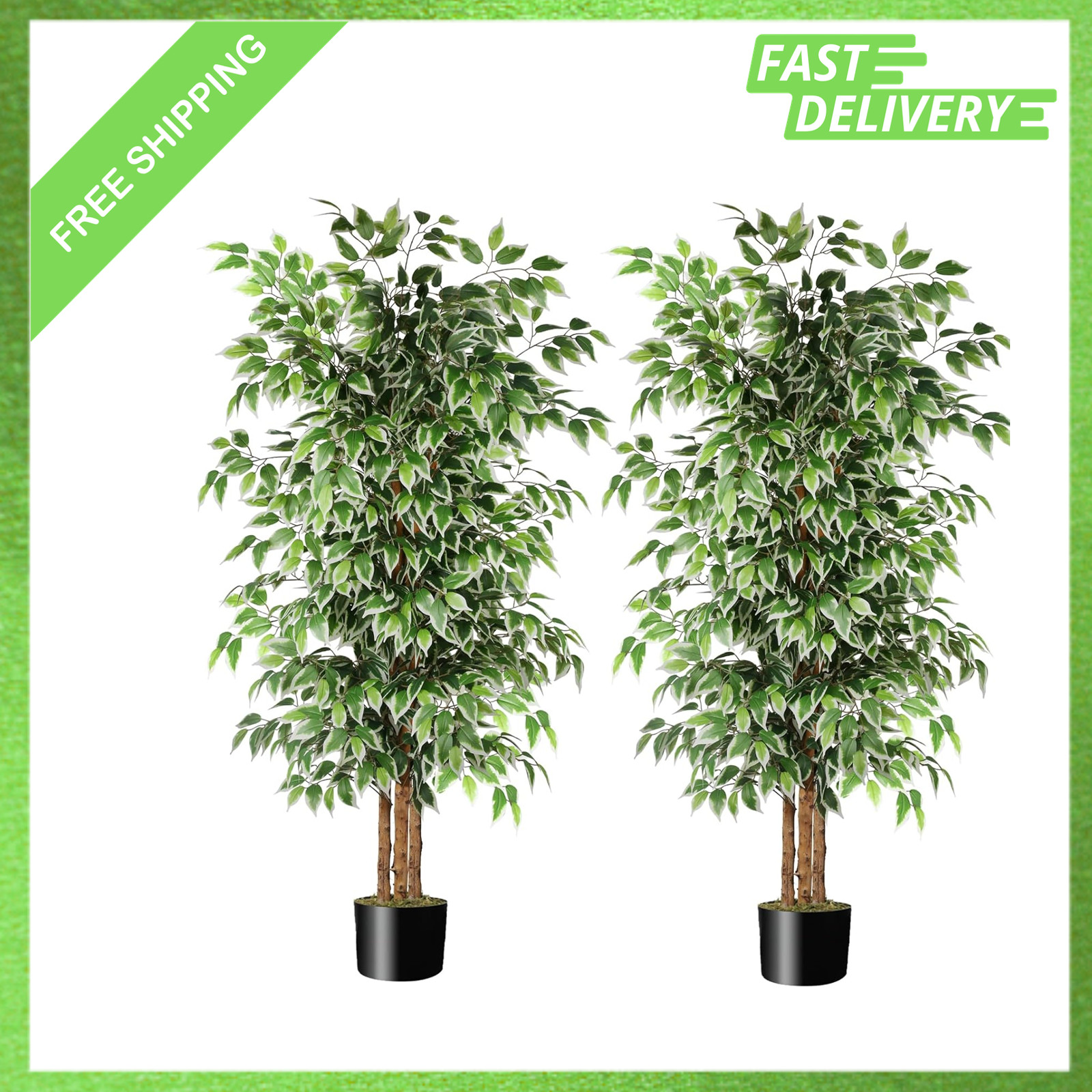 Artificial Ficus Trees 6 Feet Tall Indoor Outdoor Faux Plants with Natural Trunk
