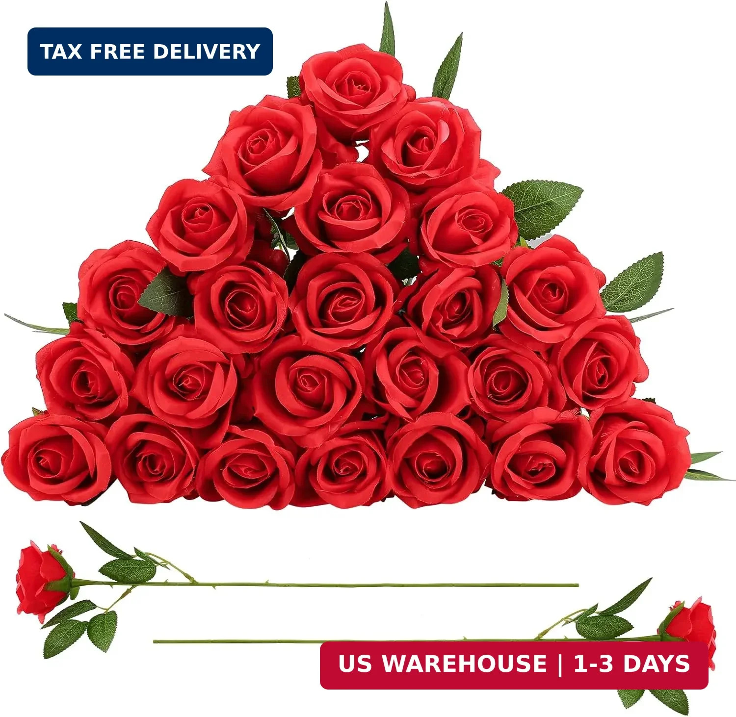 24 Pcs Red Rose Artificial Flowers with Long Stem Real Touch Silk Plastic Bouque
