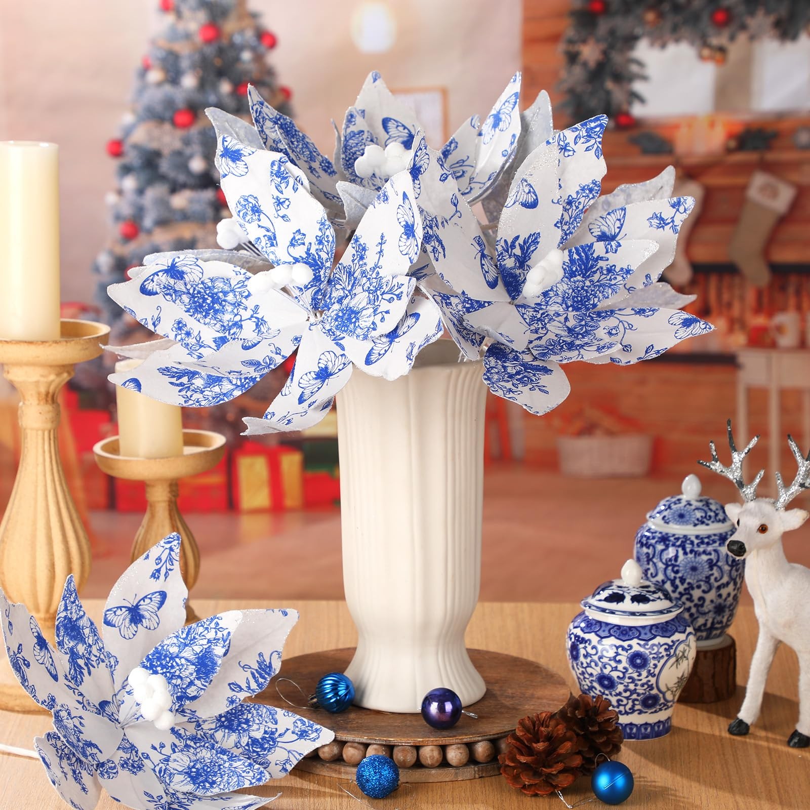8 Pcs Chinoiserie Christmas Large Decorations for Tree 10.6 Inch Blue White C…