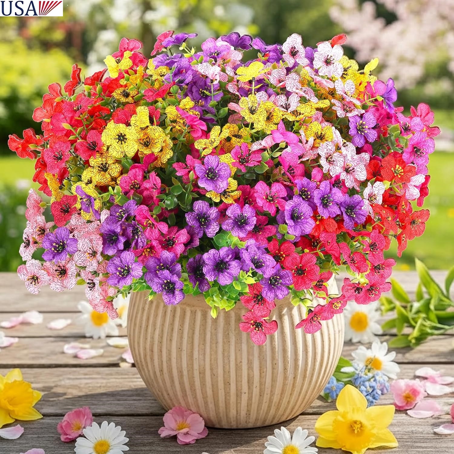 12 Bundles Artificial Flowers for Outdoors Realistic Faux Plants UV Resistant US