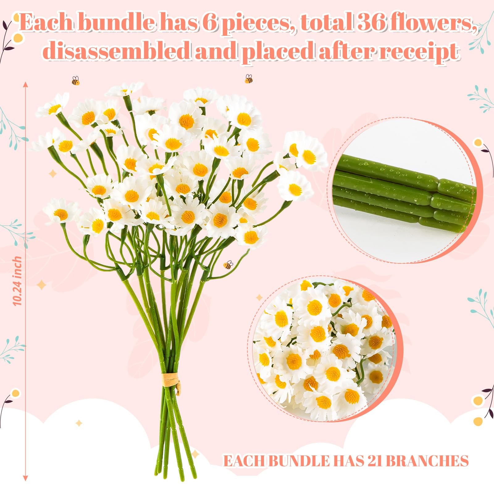ALDMIO 36Pcs Artificial White Daisy Flowers, 6 Bundles 10 Inch Small Fake Dai…