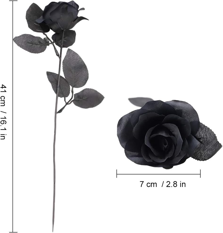 10Pcs Black Roses Artificial Flowers, All Black Faux Fake Silk Rose Black Flower